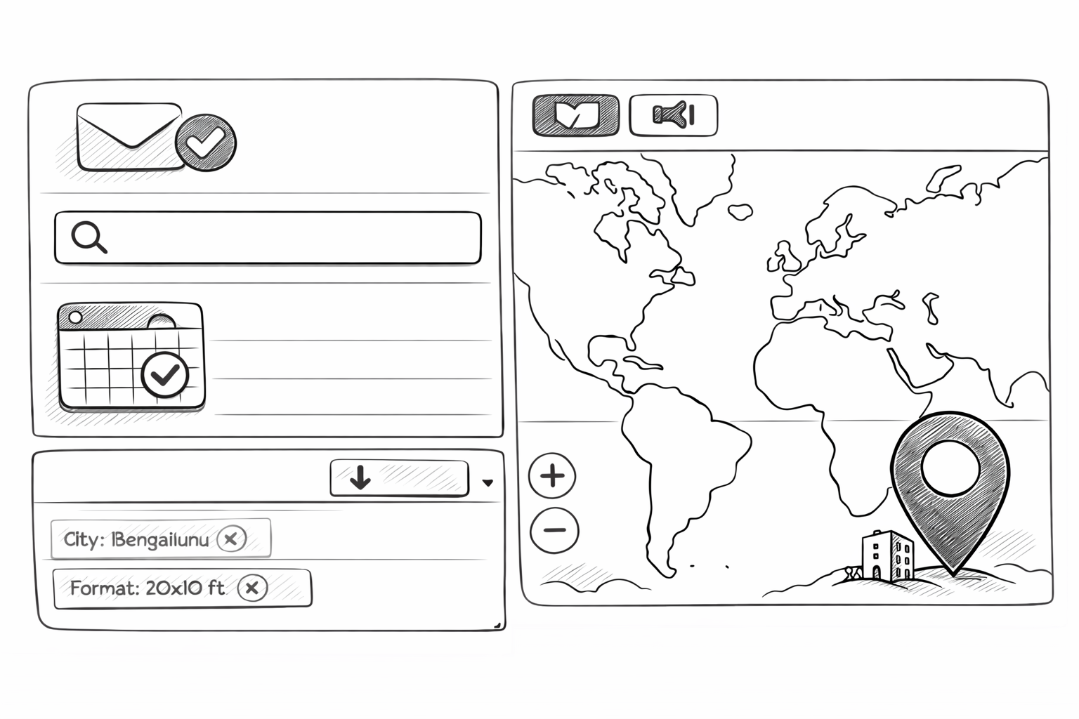 A sketch of a media planning dashboard interface, showing a map and scheduling elements.